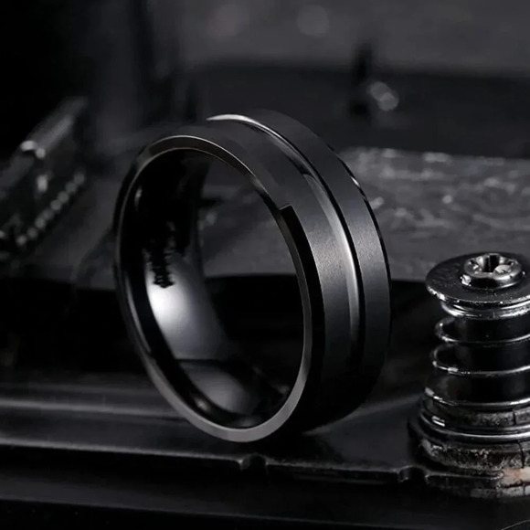 NIB Size 14 Classic Black 8mm Grooved Tungsten Carbide Wedding Band Ring - Picture 3 of 6